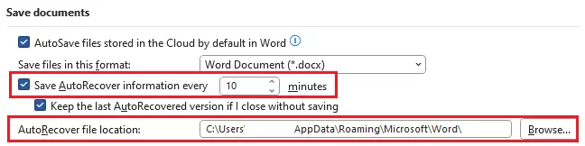 “Always create backup copy” via “Advanced” in the Word options