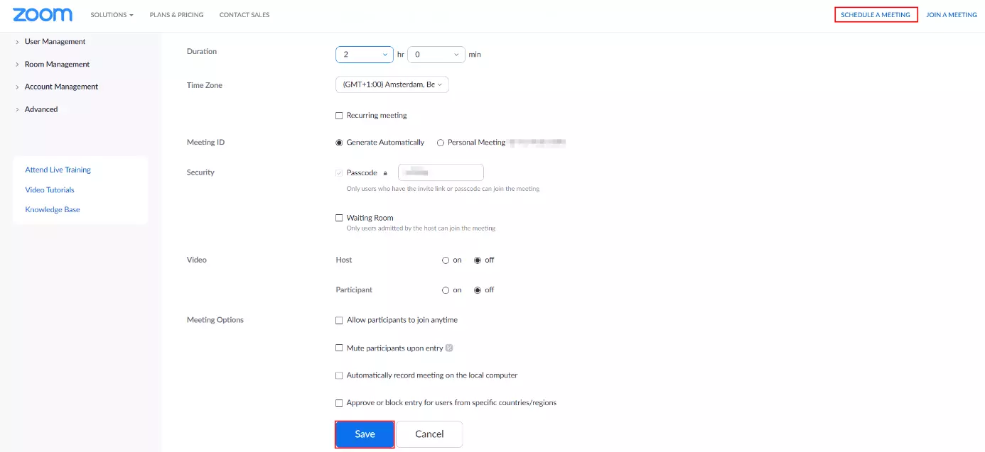 Zoom web application: Scheduling a meeting