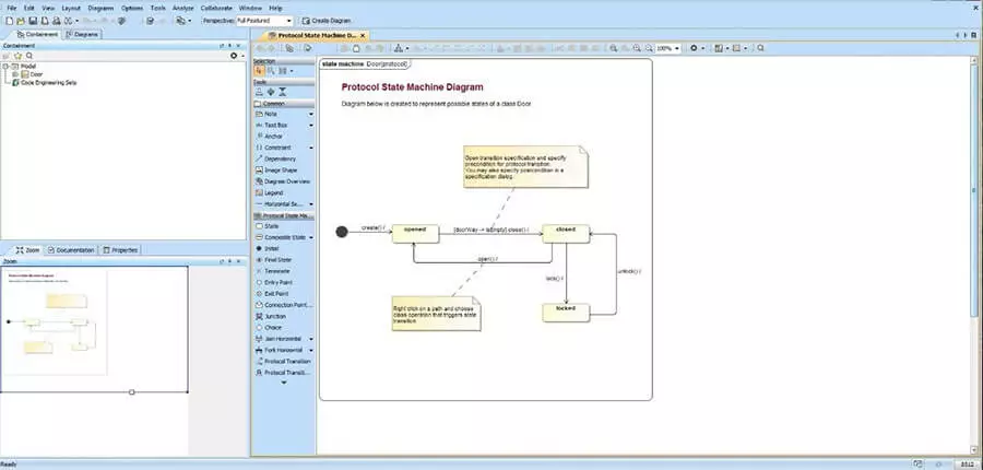 MagicDraw user interface with state machine diagram.