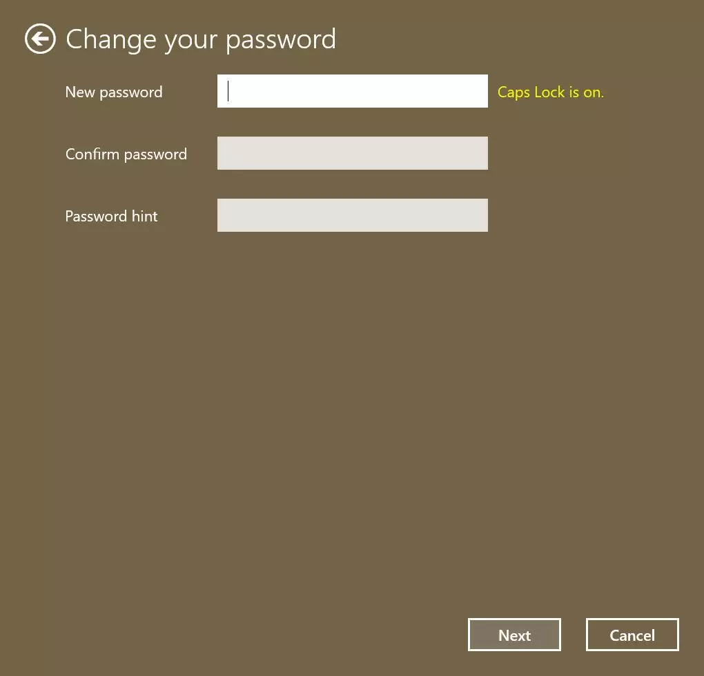 Window for entering new password