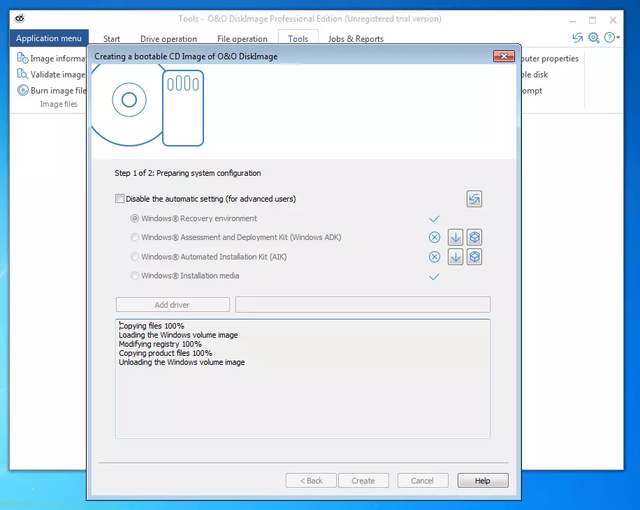 O&O DiskImage Professional 11.0: menu for the creation of a bootable image