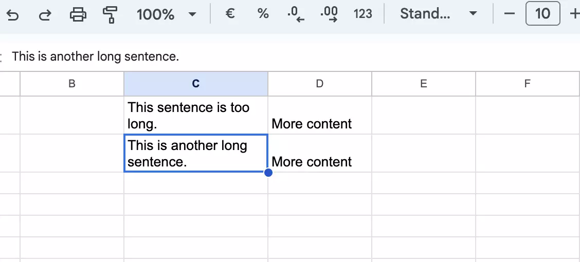 Screenshot of text wrapping with a wider cell in Google Sheets