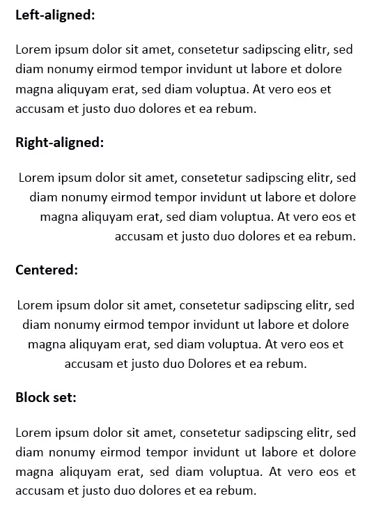 Example text in different alignments: left-aligned, right-aligned, centered, and block set