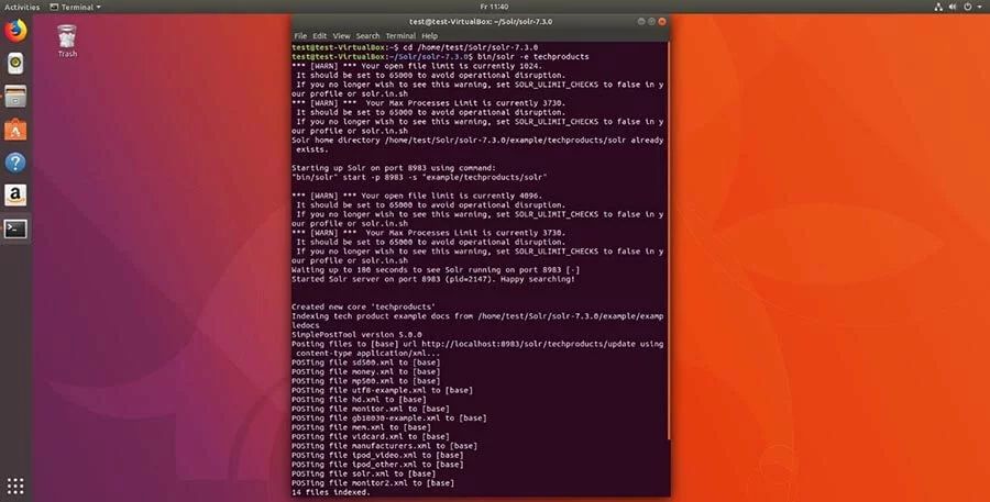 Command line under Ubuntu 17. bin/solr -e techproducts starts a demo with given data and configurations