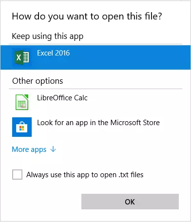 Selecting the app you want to open Excel files with