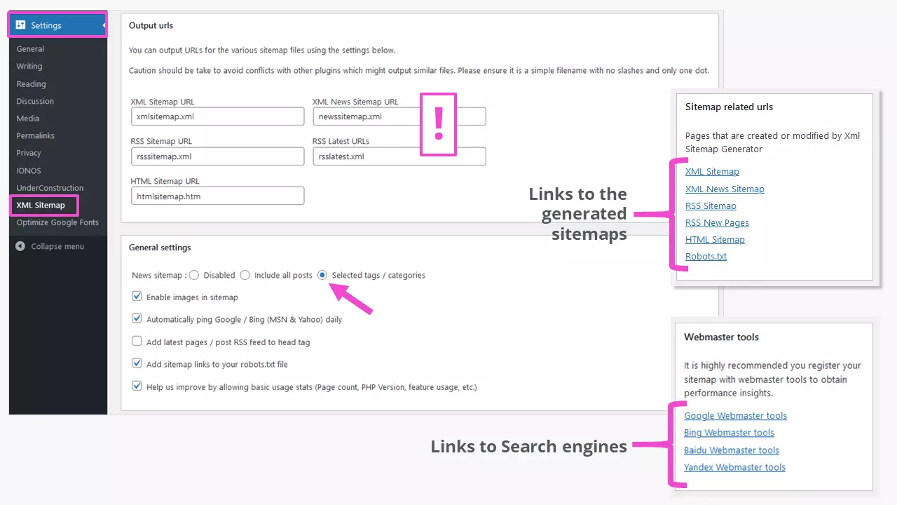 Upper part of the admin interface of the plugin “XML Sitemap Generator for Google