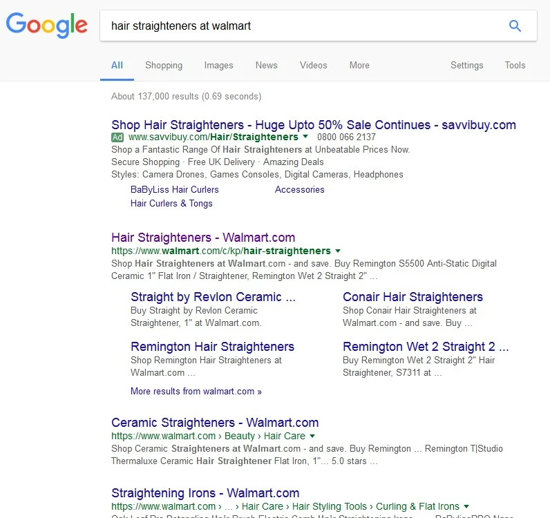 Google SERP for 'hair straighteners at Walmart'