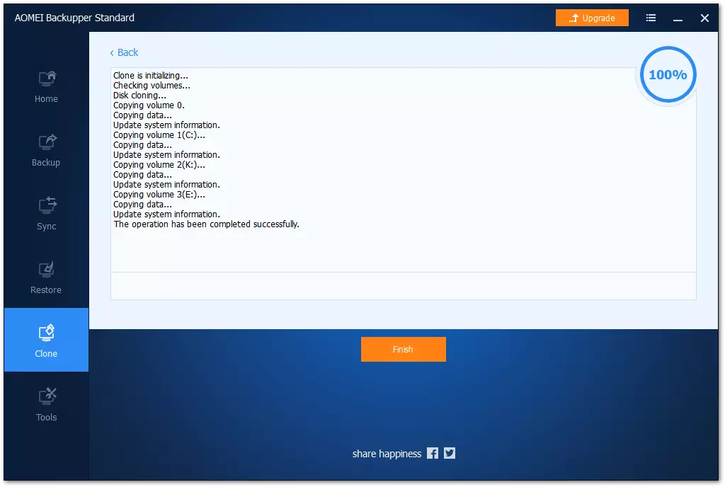 AOMEI Backupper Standard: Cloning completion display