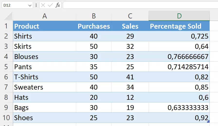 Excel percentage calculation with decimal numbers