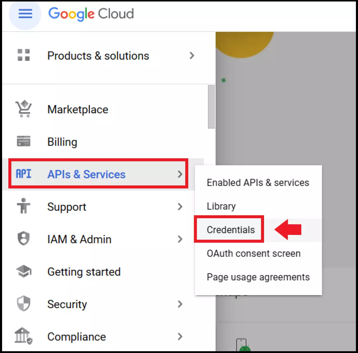 Google Cloud menu with “Credentials” under “APIs & Services”