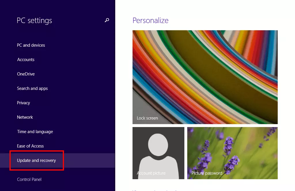 PC settings of Windows 8 with the menu item “Update and recovery”