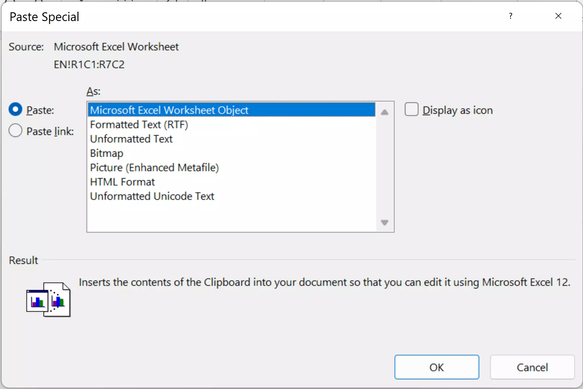 “Paste Special” dialog box in Word