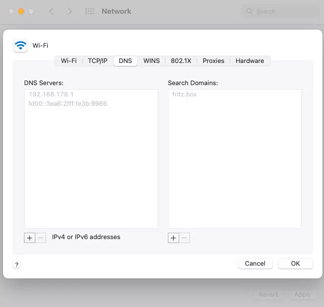 Screenshot of Mac network settings