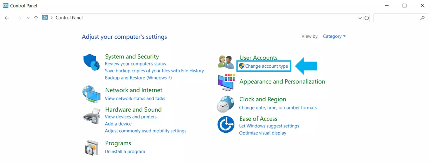 Overview of system settings and “Change account type” options.