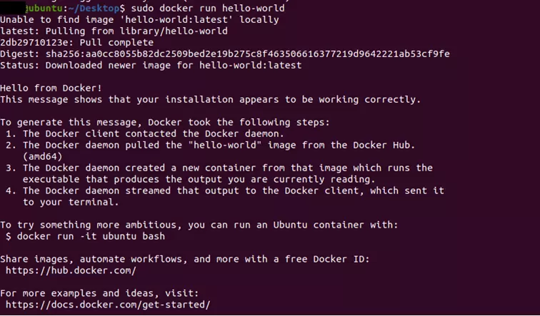 Terminal output after running “docker run hello-world”.