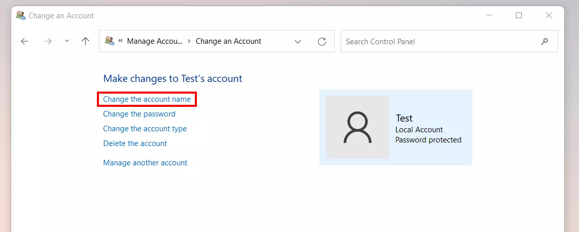 Windows 11 window “Change the account name”