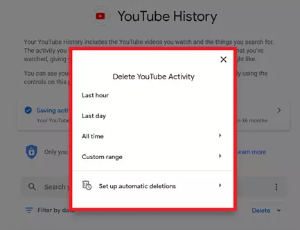 “Delete YouTube activity” dialog