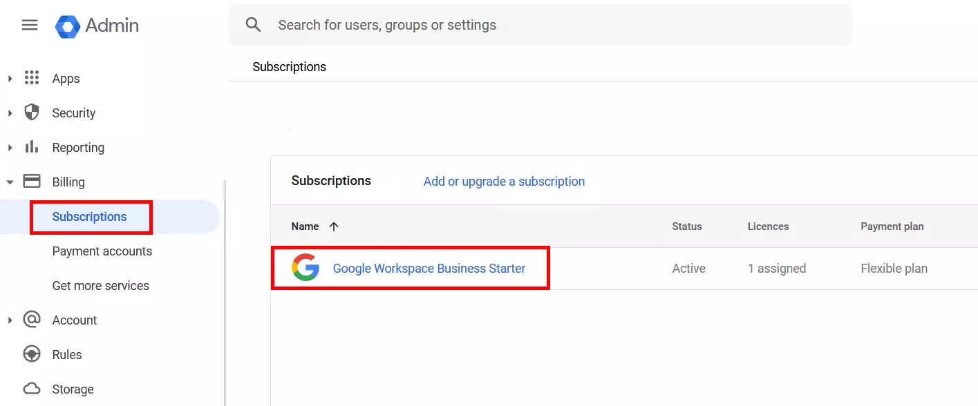 Overview of existing subscriptions in the Google Workspace admin console