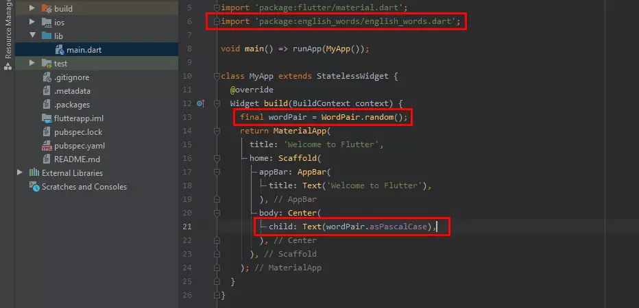 Android Studio: the modified code for the Flutter tutorial app