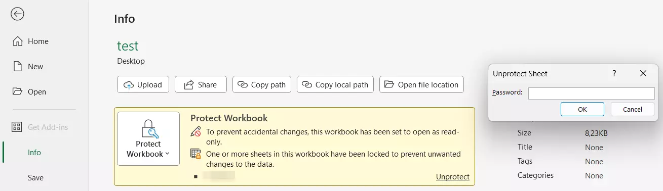 Remove Excel sheet protection by entering the password