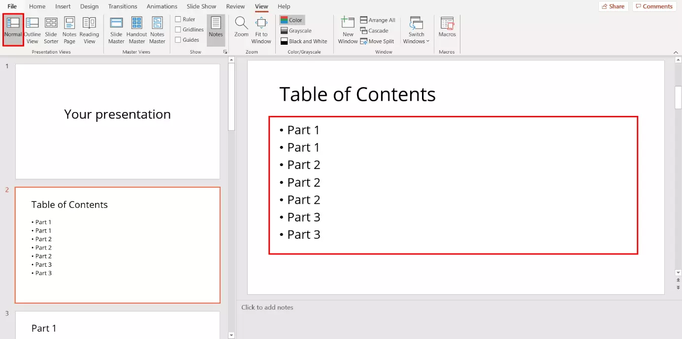 PowerPoint: inserting a table of contents