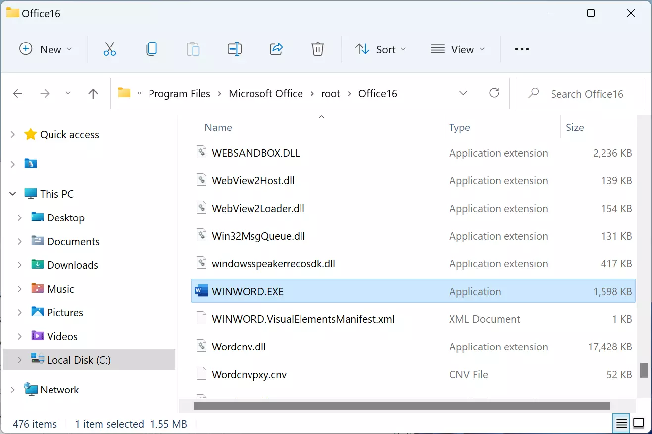 Microsoft Office directory in Windows Explorer