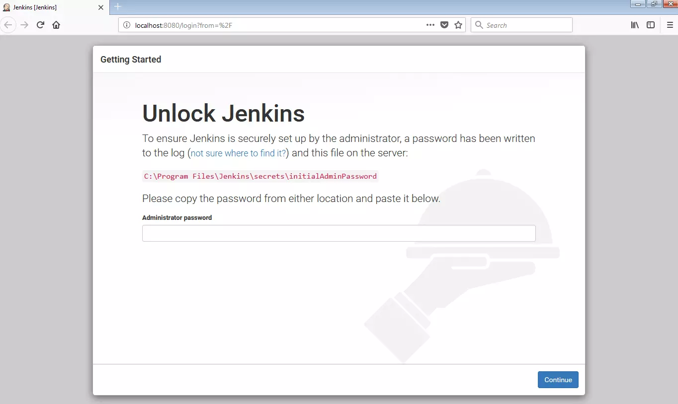 Prompt to unlock the Jenkins installation