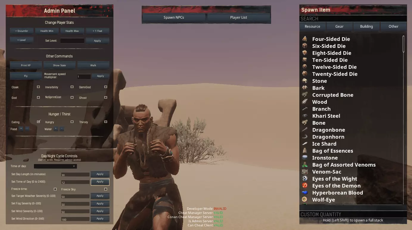 Administrator menu in Conan Exiles