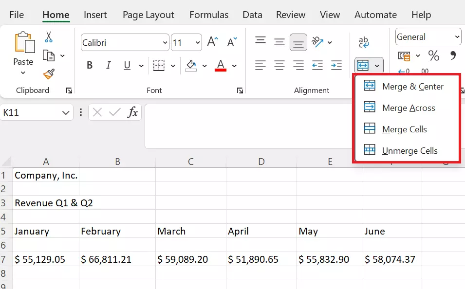 Combine cells in Excel using “Merge & Center”