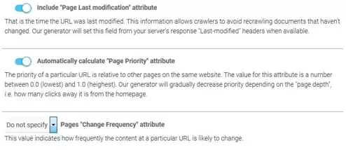 XML-sitemaps.com generator: Settings for the optional XML attribute