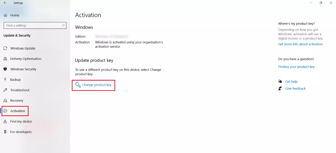 Windows activation in the Settings app