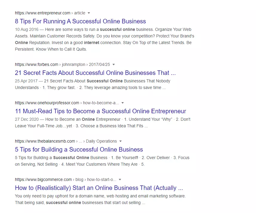 The search results page (SERP) for the term ‘How to be successful online’