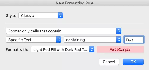 Text-based formatting rule in Excel