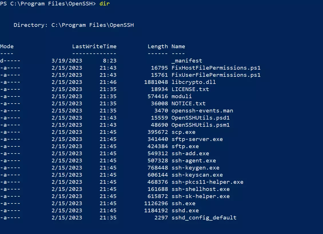 PowerShell: File list in the OpenSSH folder