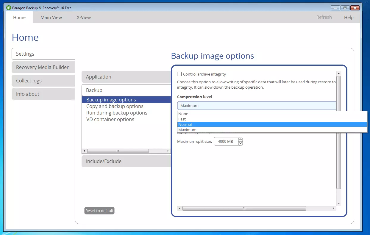 Paragon Backup & Recovery 16 Free: backup image options for compression