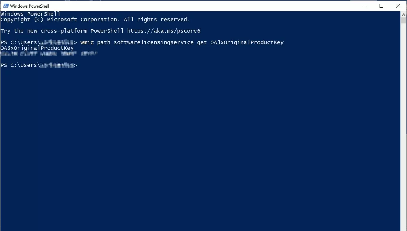 The 25-character product key displayed in PowerShell