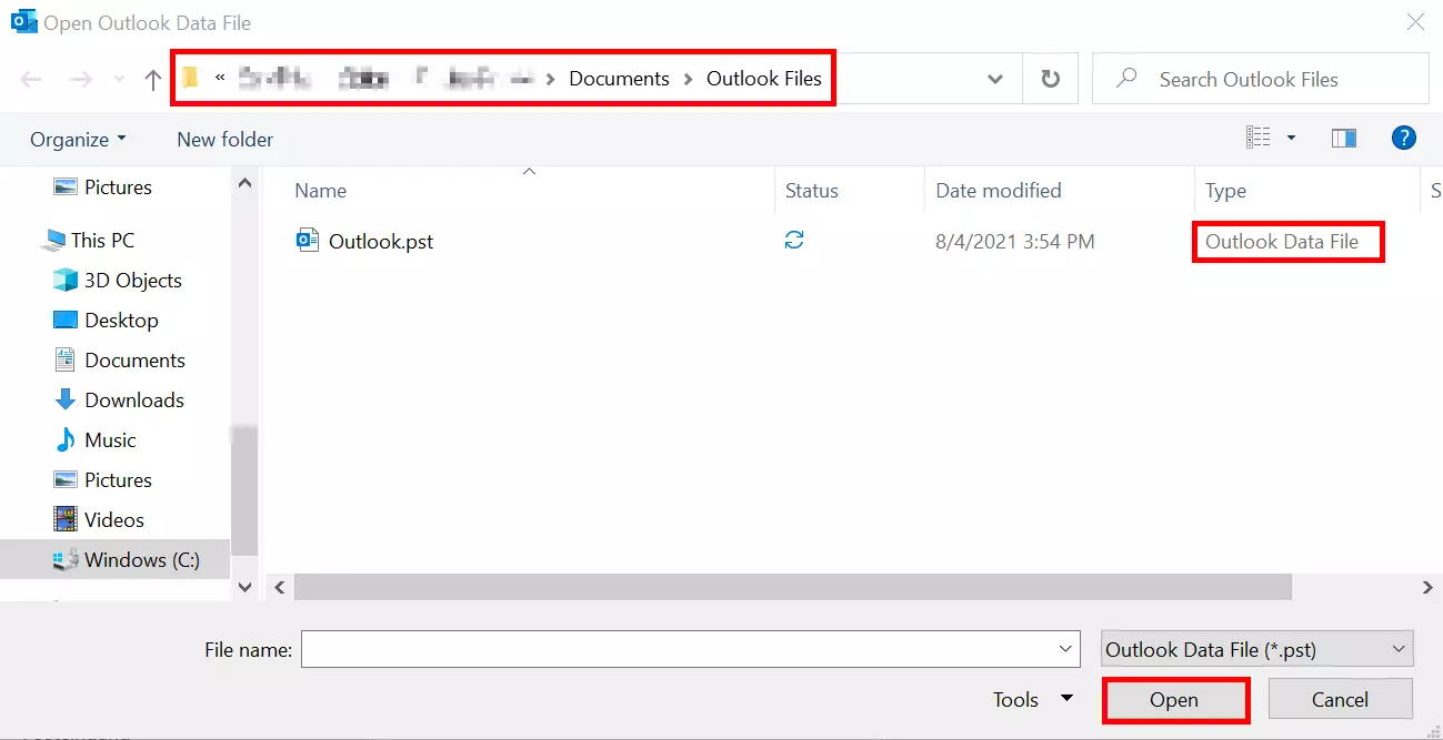 List of saved PST files in Outlook files folder