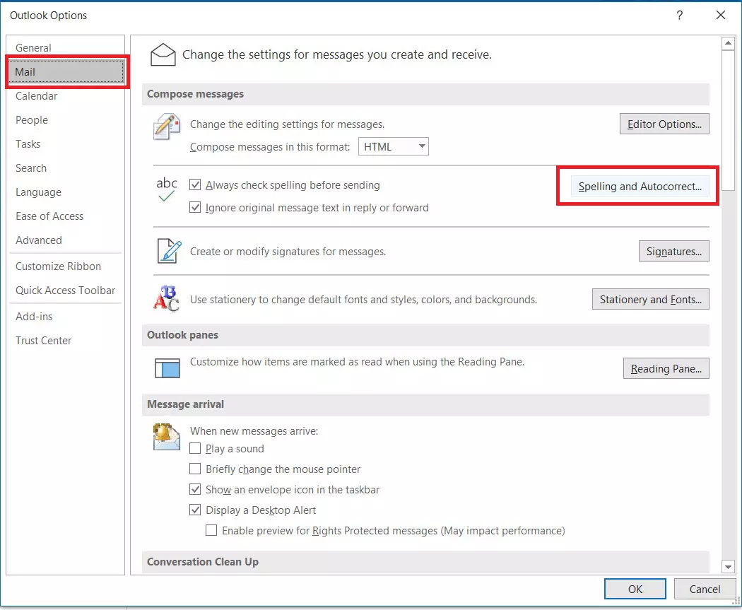 Outlook Options: “Spelling and Autocorrect”