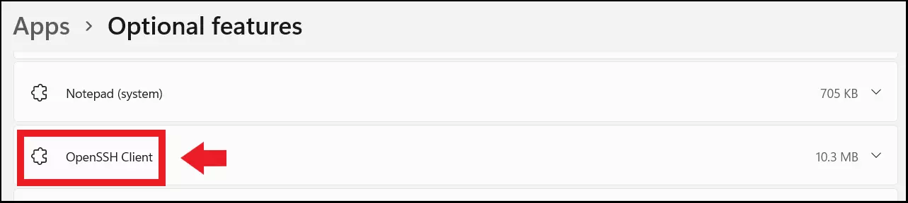 The Optional Features menu with the Windows 11 OpenSSH client