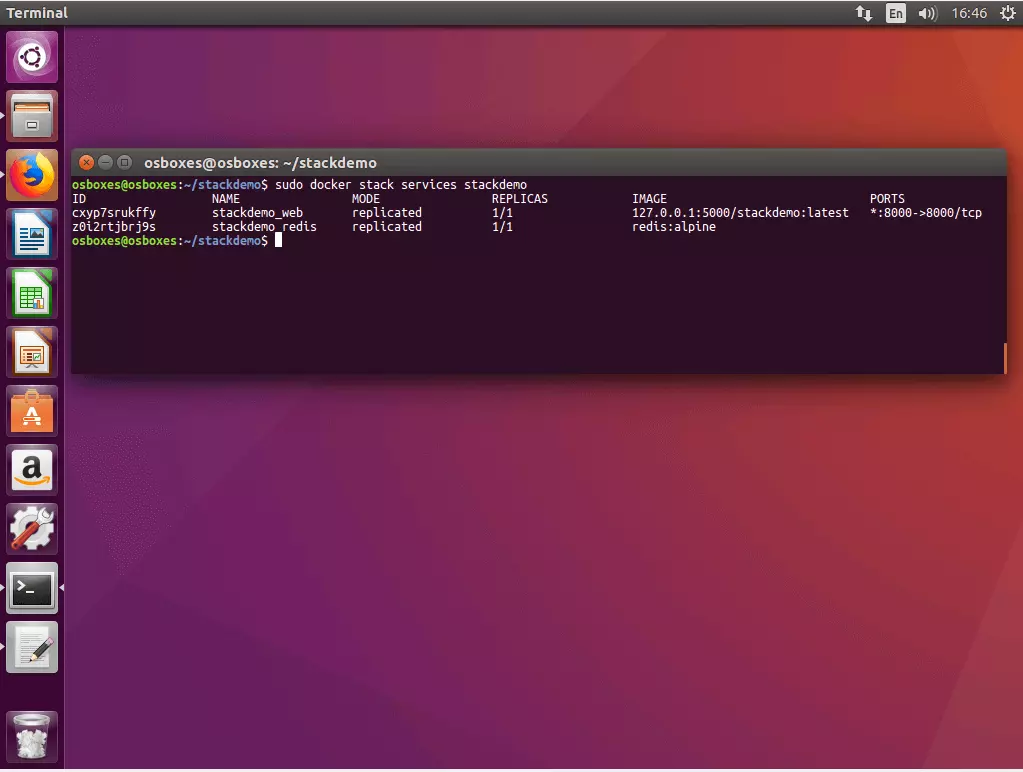 The command “docker stack services” in the Ubuntu terminal