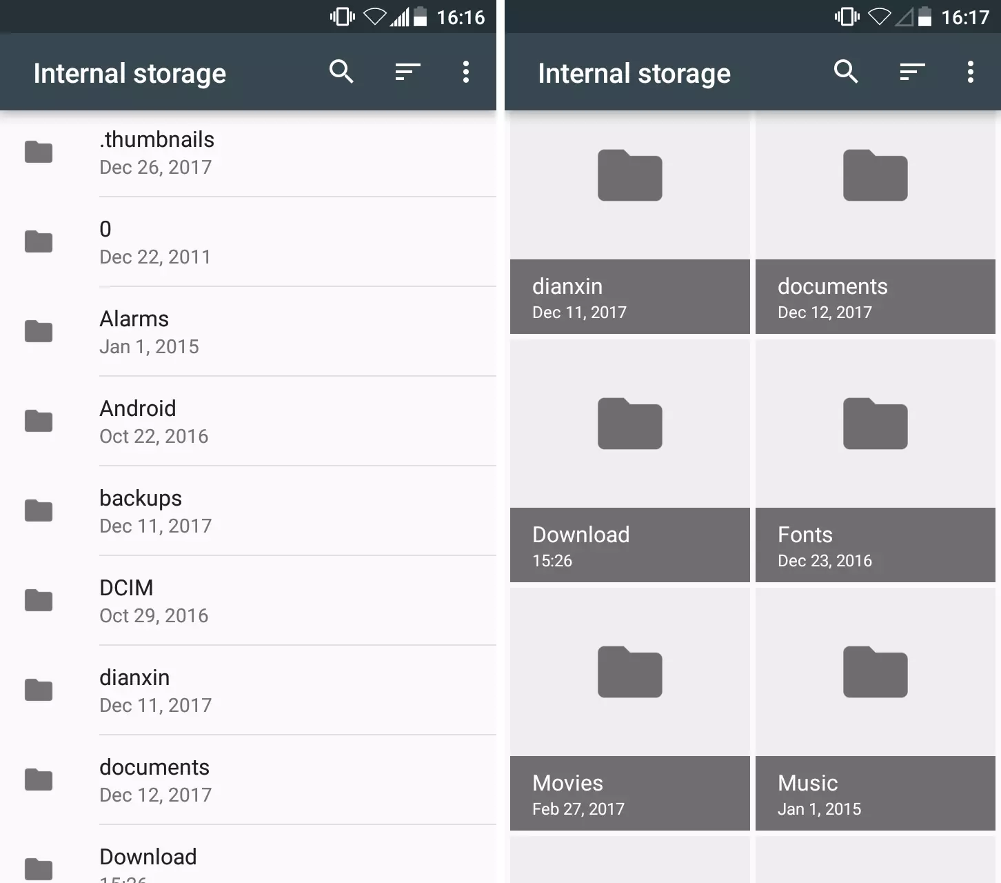 Android file manager: List and grid view