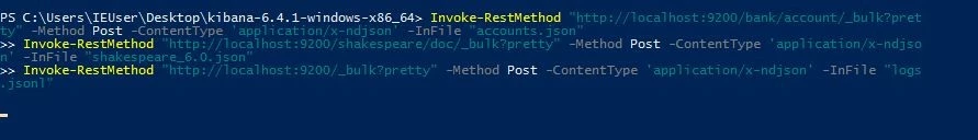 Windows Powershell, which displays the loading of the Kibana data set