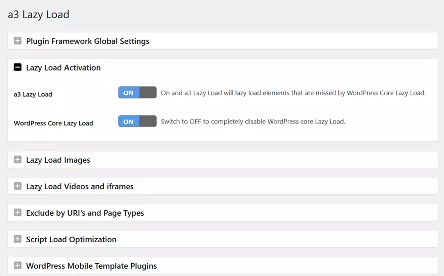 Different options in the a3 Lazy Load plugin