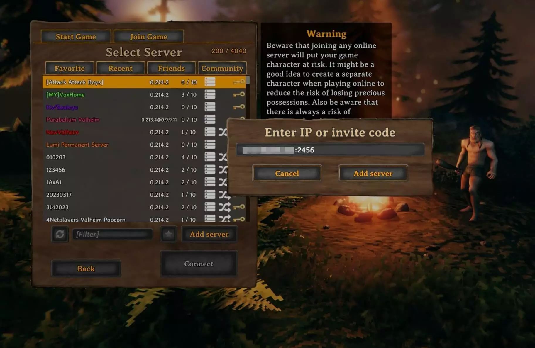 Valheim screenshot: Choose server