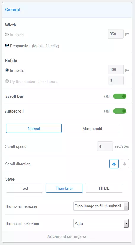 FeedWind menu: General settings