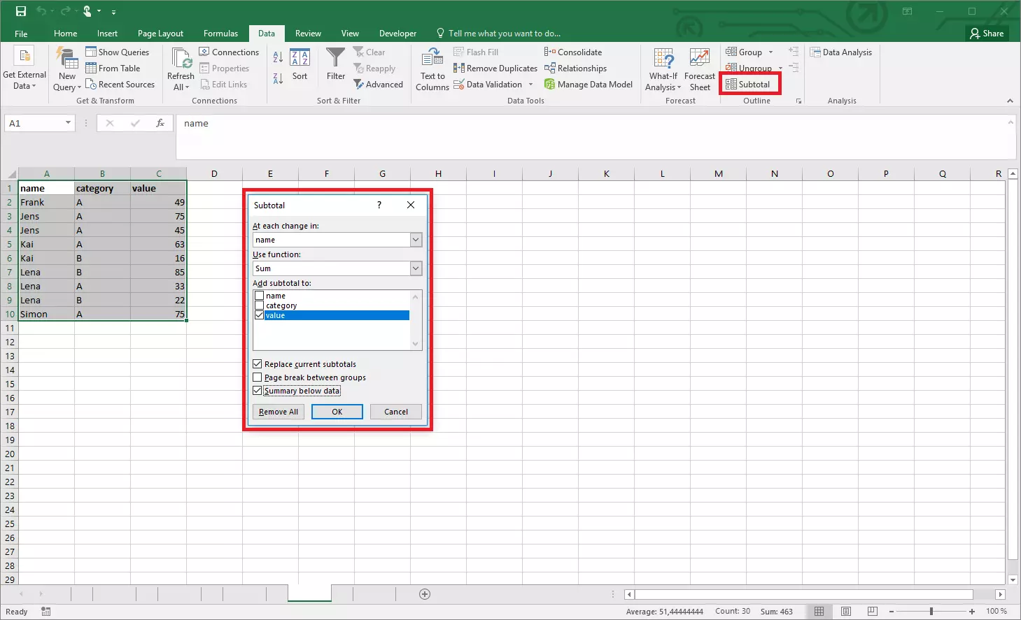 Subtotal tool in Excel