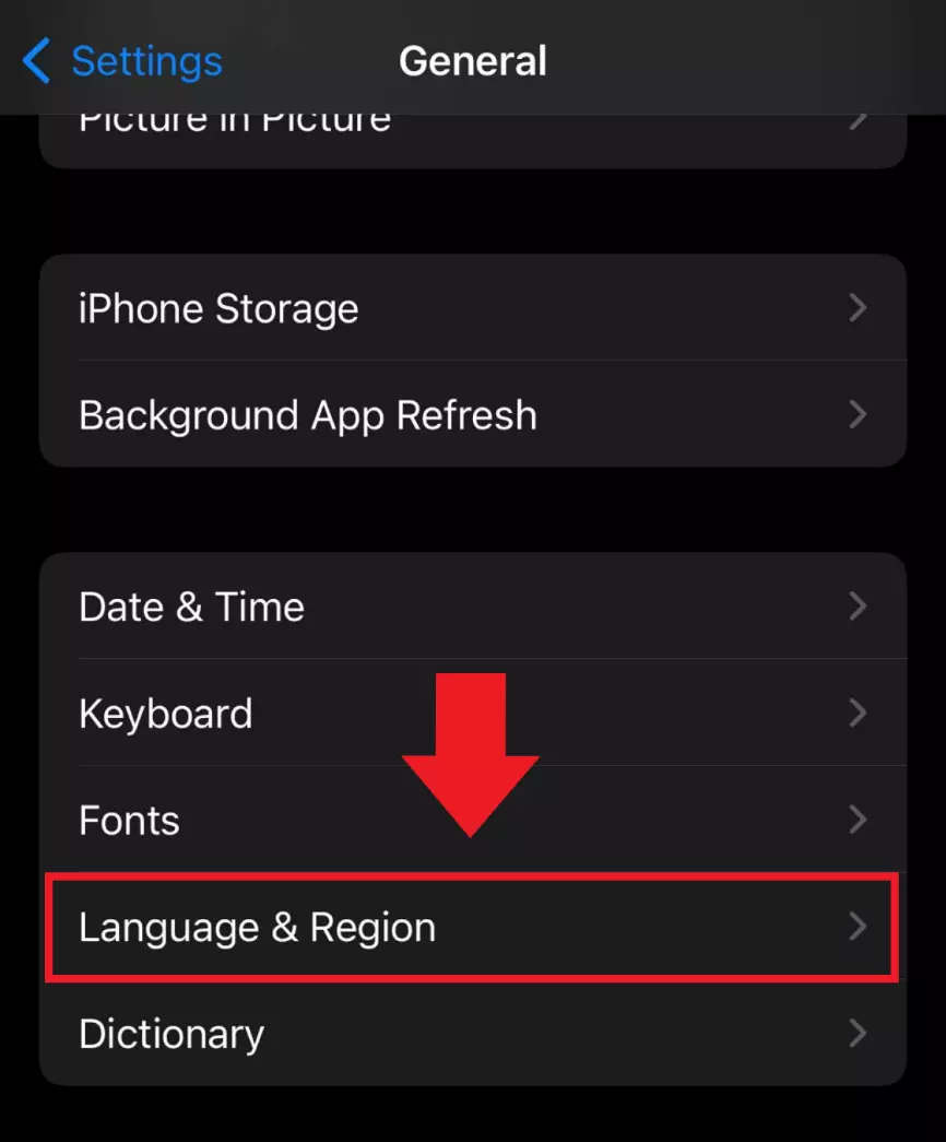 The “Language & Region” menu item in iOS’s General settings menu