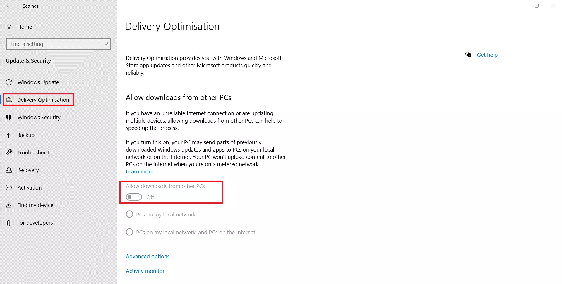 Windows 10: settings for delivery optimization