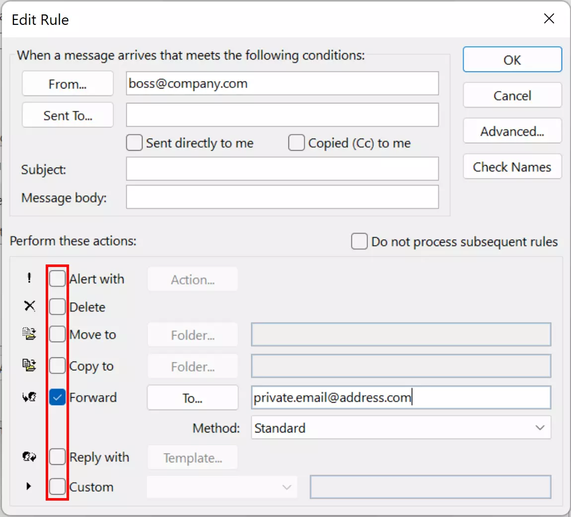 Window for setting up out of office rules in Outlook