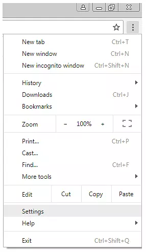 Chrome: settings menu